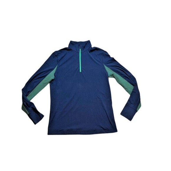 Lululemon Velocity Men's Large? Navy Green Stripe 1/4 Zip Pullover  Thumb Holes - Picture 1 of 6